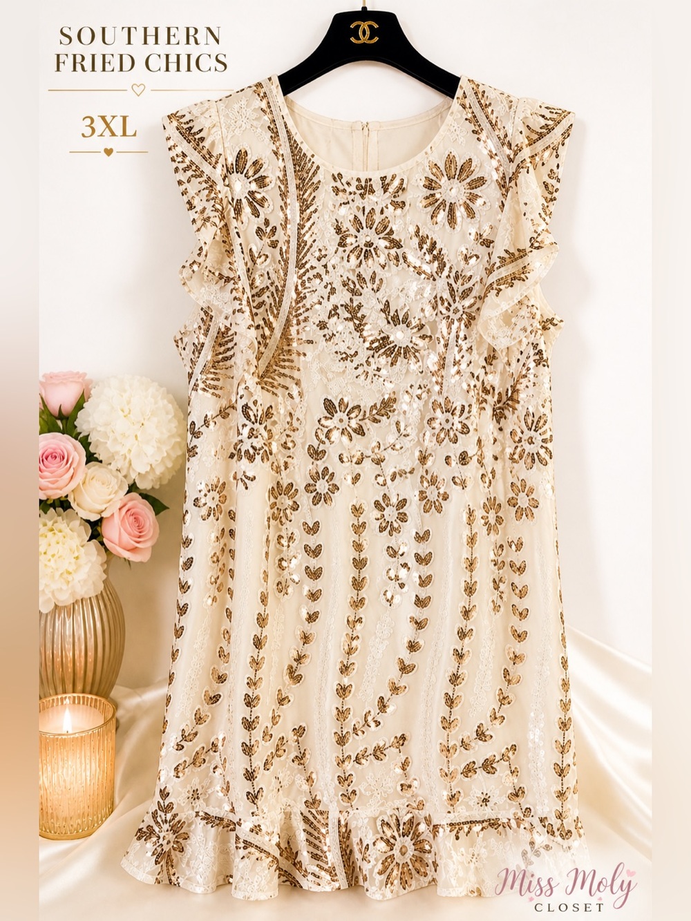 Southern Fried Chics Sequin Dress 3XL White Gold Floral Boutique